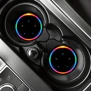 Car LED glowing cup coaster detail, colorful atmosphere light mat for auto interior holder.