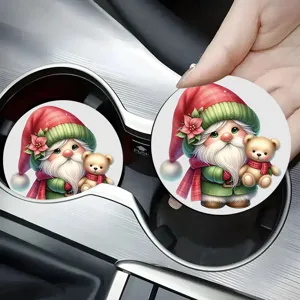 Christmas Ceramic Car Coaster Absorbent Cup Holder Mat Festive Red Green Contrast Pattern Coffee Mug Coaster Holiday Table Decor