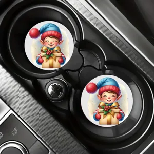 Christmas ceramic car coaster cute elf pattern absorbent cup mat for auto cup holder 2pcs