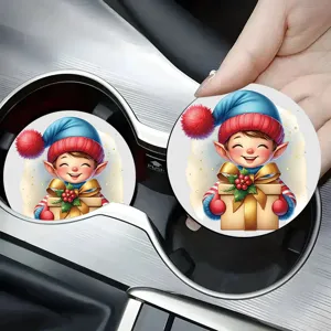 Christmas ceramic car coaster, cute elf pattern cup mat for auto cup holder, red green style.
