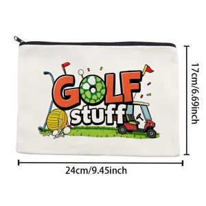 Détail de trousse de toilette en toile avec imprimé golf et dimensions exactes 24x17cm.