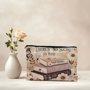 Trousse de maquillage en toile avec imprimé de livres rétro, pochette zippée portable.