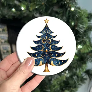 Christmas tree car coaster detail view, blue gold pattern anti-slip auto cup holder mat.