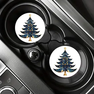 Detailed view of non-slip car cup coasters featuring a stylish blue and gold Christmas tree motif.