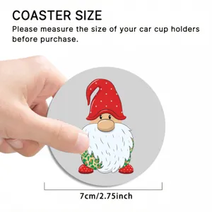 Car coaster size detail view, cute cartoon gnome print, anti-slip cup holder mat 7cm.