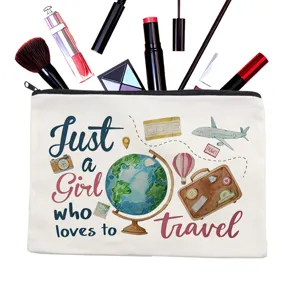 Trousse de toilette en toile avec globe et avion, pochette de maquillage idéale au quotidien.