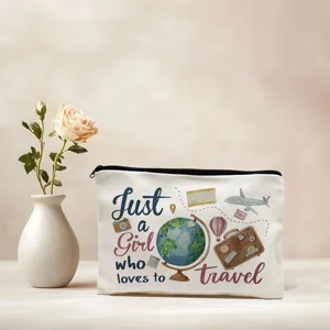 Trousse de toilette de voyage en toile avec imprimé globe aquarelle et fermeture zippée.