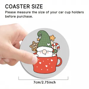 Cute Christmas gnome car coaster detail view, anti-slip cup holder mat with festive holiday design.