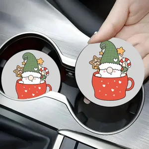 Christmas Cartoon Gnome Tree Printed Car Coaster Silicone Anti-slip Auto Interior Cup Holder Pad Round Water Cup Mat Decoration