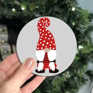Car coaster detail shot featuring a cute Christmas gnome print pattern for interior decor.