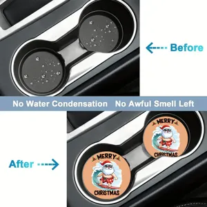 Silicone car cup holder coaster detail showing absorbent and anti-slip Christmas Santa design.