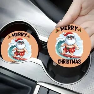 Christmas silicone car cup coaster with cute surfing Santa design, absorbent and anti-slip.