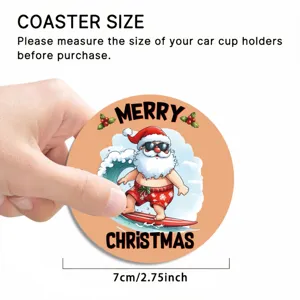 Detail shot of Christmas Santa surfing car coaster, silicone material, diameter 7cm, 2.75inch.