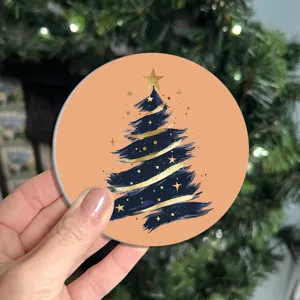 Christmas round coaster with stylish blue tree pattern, absorbent thermal pad for holiday tabletop decor.