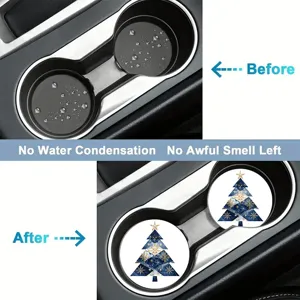 Absorbent car cup coaster detail view, Christmas tree pattern design, moisture proof mat.