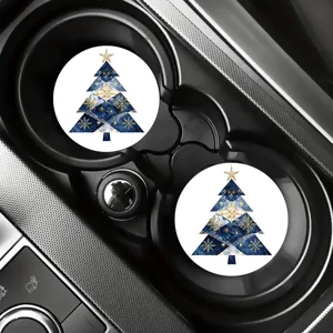 Christmas car cup coasters set of 2 blue geometric tree pattern silicone absorbent mats for auto