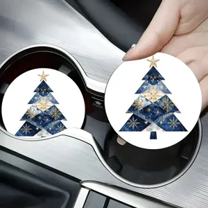 Silicone car cup coaster with blue gold geometric Christmas tree pattern for auto interior decor