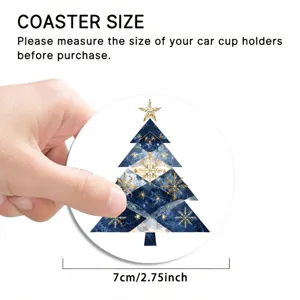 Car cup coaster detail showing round silicone mat with blue gold geometric Christmas tree design.