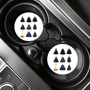 Christmas tree car cup coasters, absorbent silicone mats for auto cup holders, 2-pack festive decor.