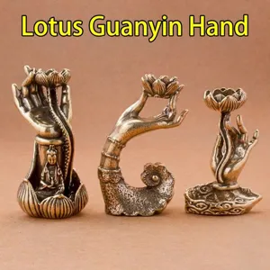 Brass lotus Guanyin hand backflow incense burner and holder set, exquisite home office decor detail.