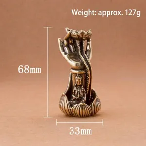 Solid brass lotus Guanyin hand backflow incense burner, vintage home office desktop decor.
