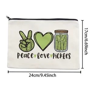Canvas makeup pouch detail showing pickle pattern zip pocket and neat stitching close-up.