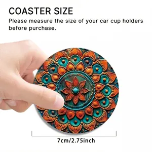 Round mandala car coaster with anti-slip design, perfect for cup holder decoration and protection.
