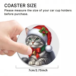 Silicone car coaster detail view showing 7cm diameter and cute Christmas cat design.
