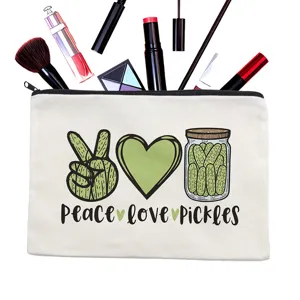 Canvas makeup pouch with cute pickles print, zipper closure, perfect for cosmetics and daily items.