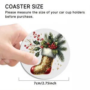 Christmas car cup coaster with cute festive stocking and berry design, diameter 7cm 2.75inch.