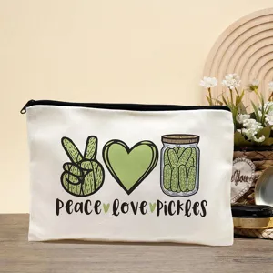 Canvas makeup bag with funny pickle print, zipper pouch for daily travel and cosmetics.