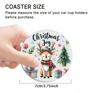 Christmas car coaster detail view showing size 7cm with cute holiday deer design and soft fabric.