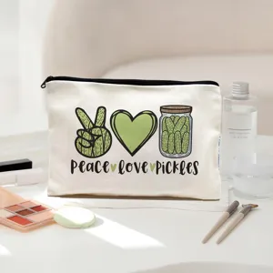 Creative canvas makeup bag with cute pickle print, durable zipper pouch for daily travel storage.