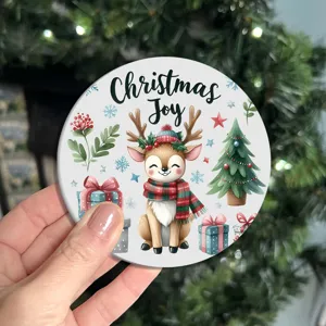 Christmas deer round cup mat detail view, soft crystal velvet coaster for table decoration.