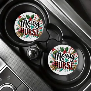 Christmas nurse car cup coasters, non-slip rubber auto coasters, 2pcs holiday drink coasters.