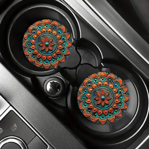 Ethnic mandala car cup coasters, anti-slip silicone drink coasters for auto interior decor.