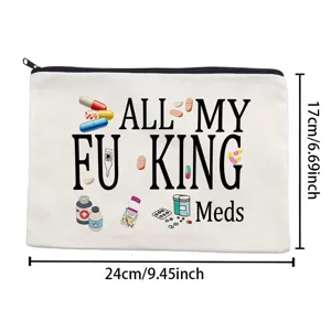 White canvas makeup bag zipper pencil case with funny novelty pill text print for daily storage.