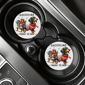 Car cup holder coasters 2pcs, cute dachshund dog Christmas winter non-slip ceramic mats.