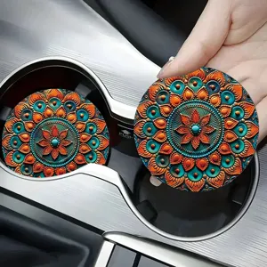 Retro mandala floral car cup coasters absorbent non-slip drink coasters for auto interior decor