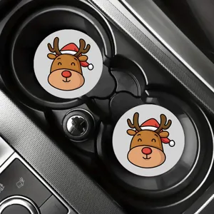 Car cup holder coasters with cute Christmas reindeer print, anti-slip round mat detail view.