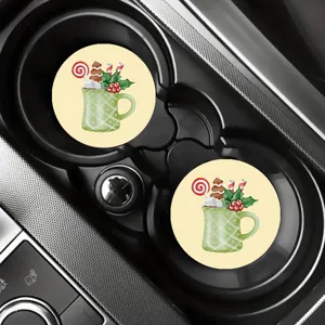 Christmas car coasters set, absorbent ceramic cup holders insert with festive holiday mug print.