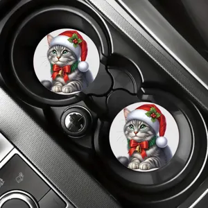 Christmas cat silicone car cup coaster, cute kitten graphic drink holder pad, 2pcs set