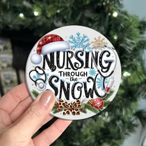 Christmas nurse theme round car cup coaster, festive holiday thermal insulation drink mat detail.
