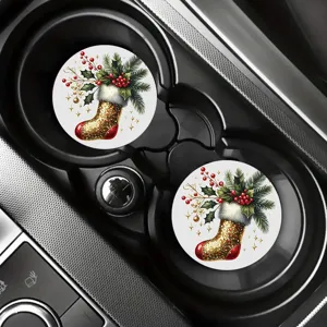 Christmas car coasters set of two, holiday decorative non-slip absorbent cup mats for auto interior.