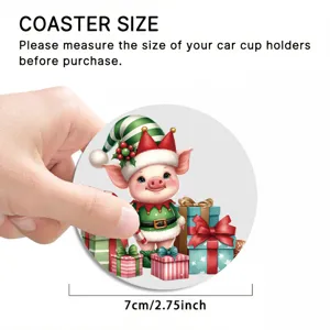 Close-up detail of a cute Christmas pig non-slip car cup holder coaster, 7cm round mat.