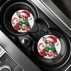 Christmas car cup coasters set, cute chihuahua with santa hat design for auto interior decor.