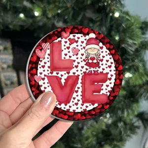 Close-up detail shot of a round holiday gnome love themed decorative coaster item.