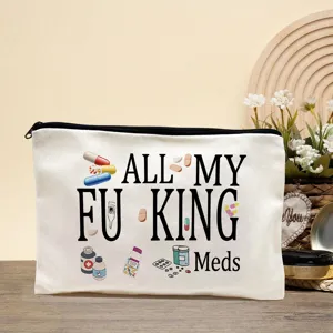 Canvas cosmetic bag with funny medical text print, durable zipper pouch for daily storage.