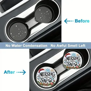 Car cup coaster non-slip silicone auto drink holder insert mats with nurse Christmas theme details.