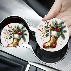 Christmas car cup coaster, festive holiday pine holly design, non-slip silicone auto drink coaster.